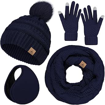 Winter Hat Scarf Gloves and Ear Warmer, Warm Knit Beanie Hat Touch Screen Gloves Set Winter Gifts Neck Scarves for Women