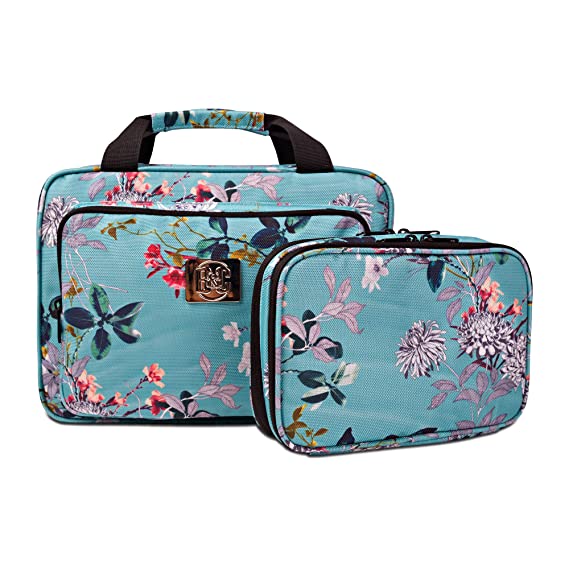 Set Of Large Hanging Travel Toiletry And Cosmetic Bag For Women and Jewelry Travel Organizer Bag With Many Pockets in Turquoise Flowers