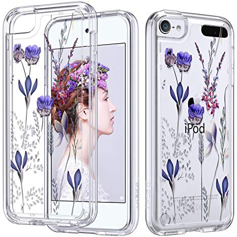 ULAK iPod Touch Case 6th Generation Floral,iPod 6 Clear Case, Slim Fit Anti-Scratch Flexible Soft TPU Bumper PC Back Hybrid Shockproof Protective Cover, Lavender