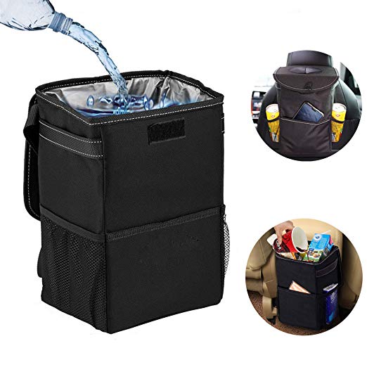 Car Trash Can with Lid and Storage Pockets (Black)