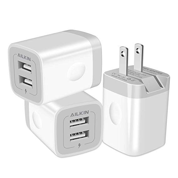 3Pack Fast Charging Cubes, Foldable Dual Port Charger Block, AILKIN Fast USB Plug Power Adapter Fold up Box Base Brick for iPhone XR/XS Max/X iPad Samsung Galaxy Tablet Kindle Fire LG Pixel Xbox Blu