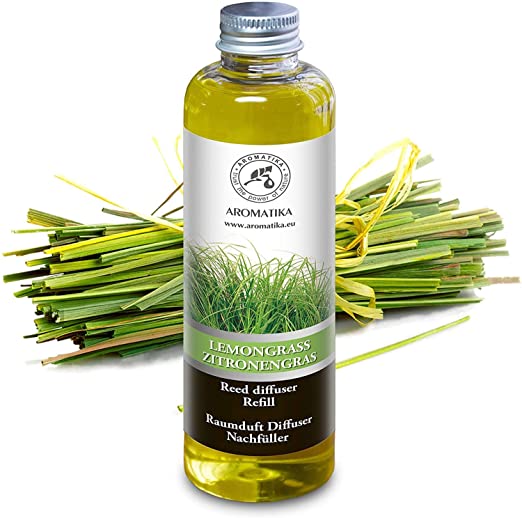 Lemongrass Reed Diffuser Refill w/ Natural Essential Lemongrass Oil 200ml - Fresh & Long Lasting Fragrance - 0% Alcohol - Best for Aromatherapy - Home - Office - Reed Diffuser oil for Restaurant