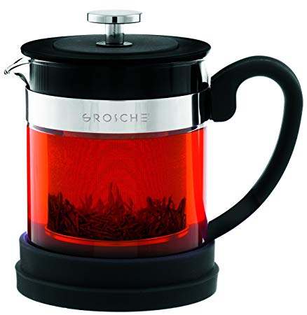 GROSCHE Valencia Personal Sized Teapot 20 oz. / 600 ml Made with Borosilicate Glass, Stainless Steel and Silicone (Black)