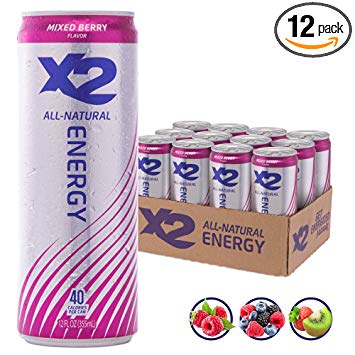 X2 All Natural Healthy Energy Drink: Non-Carbonated Low Calorie Energy Beverage with No Crash or Jitters – 9 Grams of Sugar, 40 Calories - No Artificial Ingredients - Mixed Berry - Pack of 12