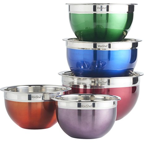 VonShef Premium 5 Piece Stainless Steel Multi Colored Mixing Bowl Set