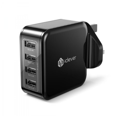 Most Powerful iClever BoostCube 40W 4-Port USB Wall Charger with SmartID Technology for iPhone Se 6S 6 Plus, iPad Pro Air Mini, Samsung Galaxy S7 S6 Edge, Note 5 4, LG G5 and More, Black - UK Plug