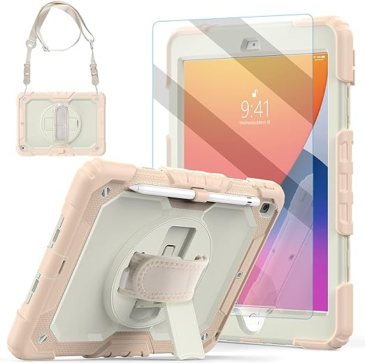 iPad 9th Generation Case Girls Cute 2021 10.2 Inch with Tempered Glass Screen Protector & Pen Holder |Blosomeet KidsProof iPad 8th/7th Gen 2020 2019 Cover w/Kickstand Handle Shoulder Strap|Rosegold