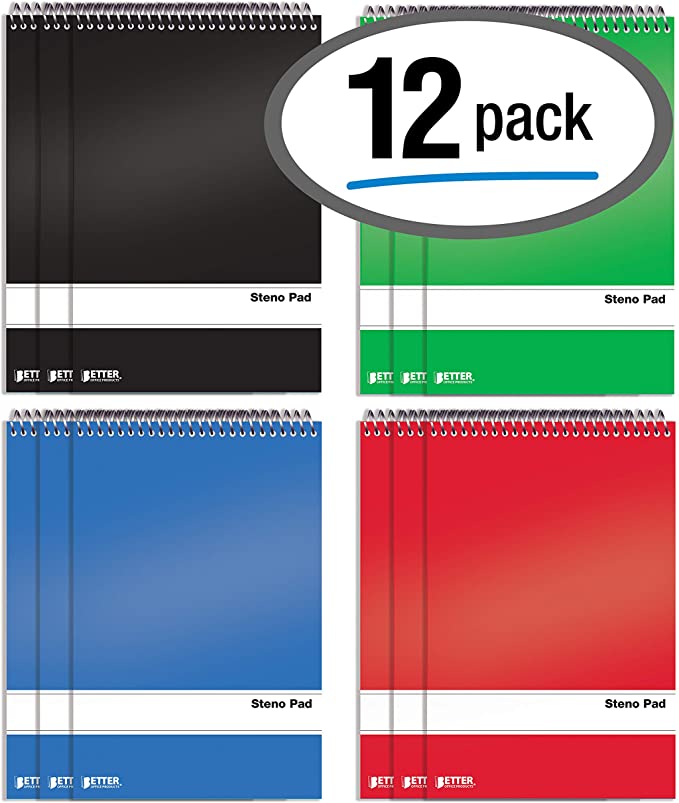 Spiral Steno Pads, 12 Pack, 6 x 9 inches, 80 Sheets, White Paper, Gregg Rule, by Better Office Products, Assorted Solid Colors (Red, Black, Blue, Green), 12 Pack