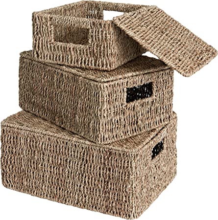 StorageWorks Hand-Woven Rectangular Wicker Baskets with Lids, Seagrass Storage Baskets with Lids and Built-in Handles, Set of 3 (Large & Medium & Small), 14 ¼"L x 11 ¼"W x 7"H