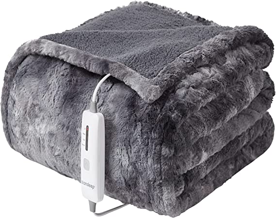 Hansleep Heated Blanket Electric Blanket Throw - Faux Fur Heating Blanket Super Cozy with 4 Heating Levels 4 Hours Auto Off, Sherpa Electric Throw Machine Washable, Grey, 50 x 60 Inches