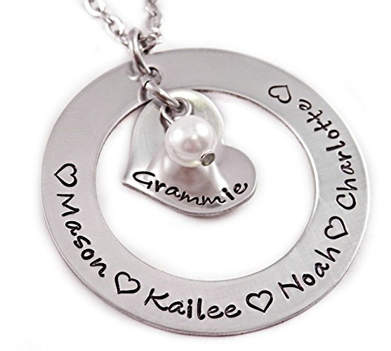 Custom Washer Necklace with Names and Synthetic Pearl - Hand Stamped Jewelry