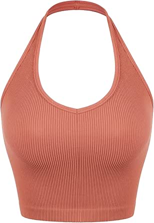 ODODOS Seamless Halter Crop Tops for Women Ribbed Soft V Neck Open Back Cropped Tank Top