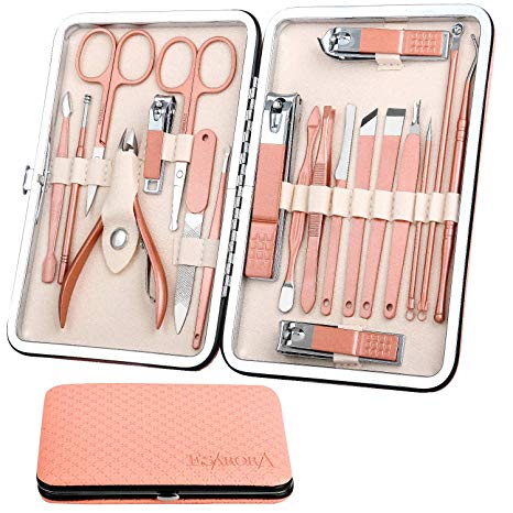 Manicure Set, ESARORA 20 In 1 Stainless Steel Professional Pedicure Kit Nail Scissors Grooming Kit with Pink Leather Travel Case