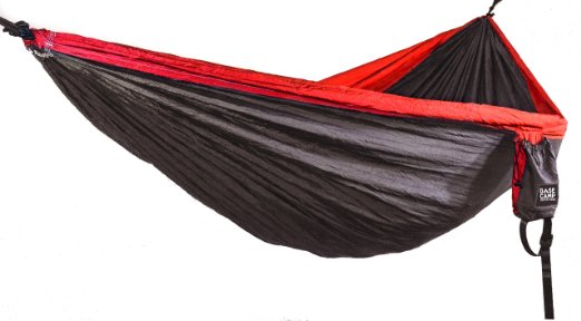 Base Camp Outfitters Double Camping Hammock, Two-person, Durable Nylon Parachute Hammock for Outdoors, Backpacking, Hiking, Fishing, Home, Beach. Heavy Duty Tree Ropes and Steel Carabiners Included.