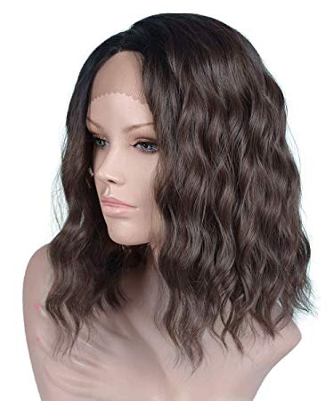 Annivia Curly Wavy Dark Brown Lace Front Wig for Black White Women Shoulder Length Bob Brown Lace Front Wigs (12Inch Brown)