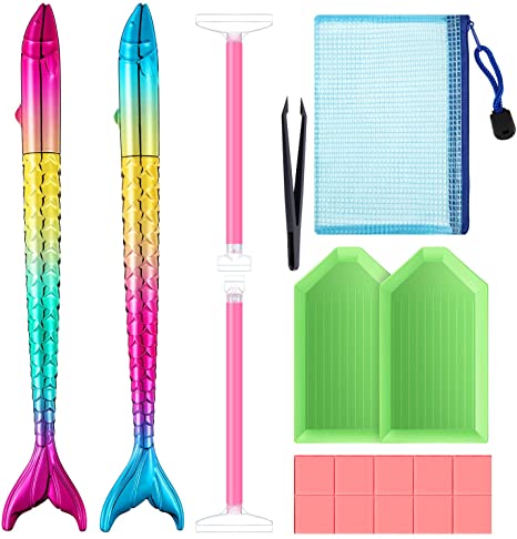 18 Pieces 5D Diamond Painting Pen Tools, Mermaid Point Drill Pens, Diamond Plastic Trays, Diamond Sticky Pens, Diamond Painting Glue Clay with Tweezers and Storage Bag for DIY Painting Decoration