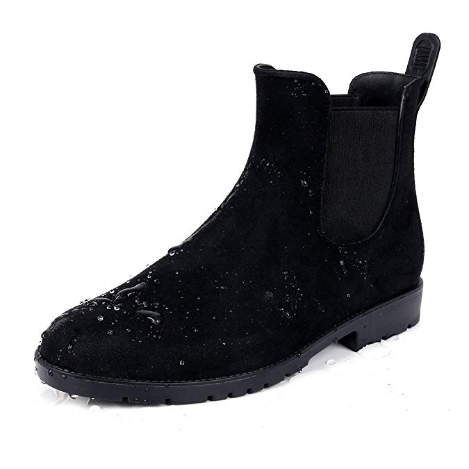 Buganda Anti-Slip Ladies' Rain Shoes Unisex Elastic Waterproof Black Slip On Short Rain Boots Fashion Chelsea Booties