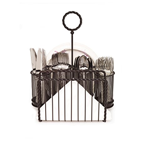 Gourmet Basics by Mikasa 5153168 Rope Metal Tabletop Flatware and Napkin Picnic Caddy, Antique Black
