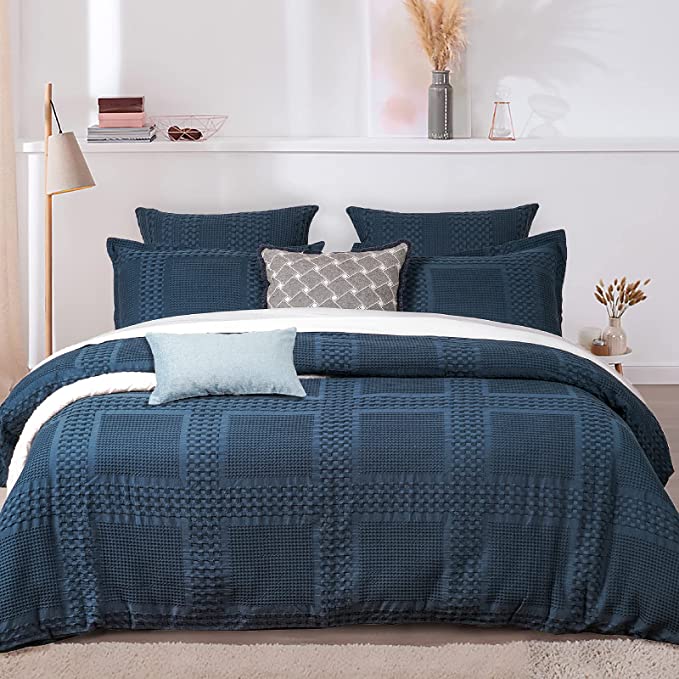 PHF 100% Cotton Waffle Duvet Cover Set Queen Size, 3pcs Pre-Washed Soft Comforter Cover Set for All Season, Luxury Decorative Textured Duvet Cover with Pillow Shams Bedding Collection, Navy Blue