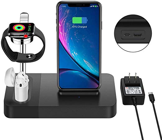 Wireless Charger Stand Rose Gold 3 in 1 Phone Qi Watch Dock 7.5W (Including AC Power Adapter) (Black)