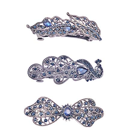 Messen 3 Pack Crystal Rhinestones Barrettes French Hair Clip Navy Clip Design Hair Clips Barrette Bridal Wedding Formal Event Jewelry Accessory for Women Girls (Phoenix/Butterfly/Leaves)