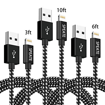 SPEATE,IPhone Charger Cable 3 Pack 3FT 6FT 10FT Extra Long Nylon Braid Lightning Cord Charger Cable Compatible With IPhone 7/ 7 Plus/6/6s/6 plus/6s plus/ 5s/5c,iPad, iPod and More (Black Silver White)