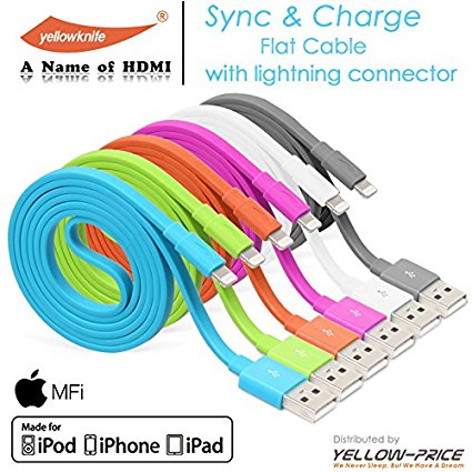 Yellowknife® of 6 Packs MFi Certified-IOS 7 Noodle Flat 8pin Lightning (3.2ft) Colorful USB Cable Supports Charging And Syncing for iPhone 5 5S 5C,iPad (Air/4th generation),iPad mini,iPod (7th generation),iPod touch (5th generation)&iPod nano(7th generation) (Blue/Purple/Orange/White/Grey/Green)