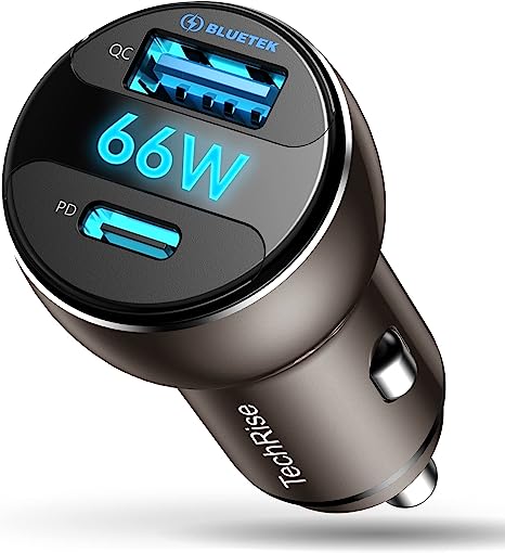 66W Car Charger, TechRise Fast Car Charger Adapter, 12V/24V USB Socket, PD3.0 & QC4.0 Dual Port Cigarette Lighter USB Charger, USB Car Charger for iPhone, Samsung, iOS, Android Smartphones