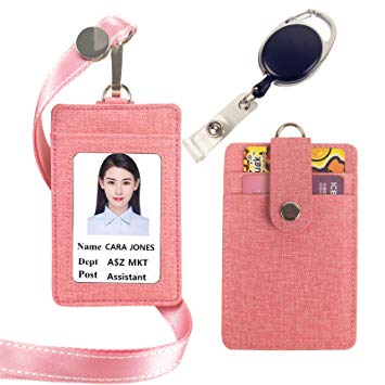 Lucstar ID Badge Holder with Lanyard Retractable Clip, 2 Back Slots Security Snap, Durable PU Leather Linen Finish, Cute Design Card Holder for Women Men Work/Student ID Card(Pink)