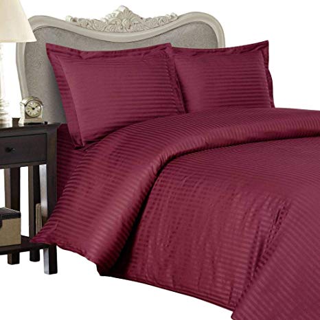 4 Piece LUXURIOUS 1500 Thread Count QUEEN Size Goose Down Alternative Comforter SET 100%&nbsp;EGYPTIAN COTTON, BURGUNDY Stripe&nbsp;Color, 1500 TC - 750FP - 50Oz.