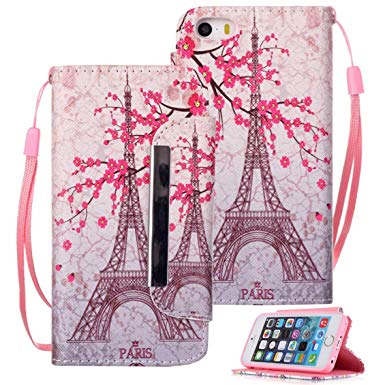 iPhone SE Case, iPhone 5s Case, iPhone 5s Wallet Case, Etubby [Wallet Stand] New PU Leather Wallet Flip Protective Case with Card Slots and Wrist Strap for Apple iPhone SE & iPhone 5 5s - Paris