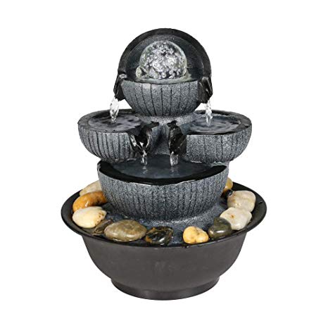 Two Streams Tabletop Fountain with Rolling Ball 10 3/5", Feng Shui Zen Indoor Water Fountain with LED Light for Home Office Decor