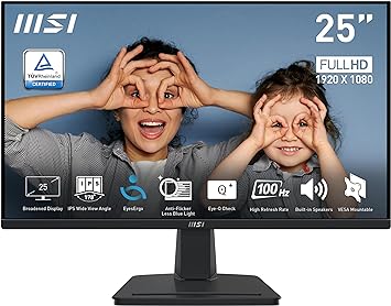 MSI Pro MP251 Computer Monitor, 24.5", 1920 x 1080 (FHD), IPS, 100Hz, VESA Mountable, Speaker, TUV Certified Eyesight Protection, Anti-Glare Display, Less Blue Light,1ms, HDMI, VGA, Tilt, Black