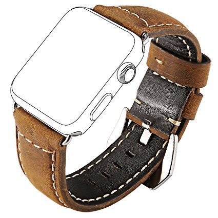 Maxjoy for Apple Watch Band - 38mm iWatch Bands Leather Strap Replacement Smart Watch Bracelet Wristband with Stainless Steel Clasp Metal Adapter for Apple Watch Series 3 / 2 / 1 Sport Edition, Brown