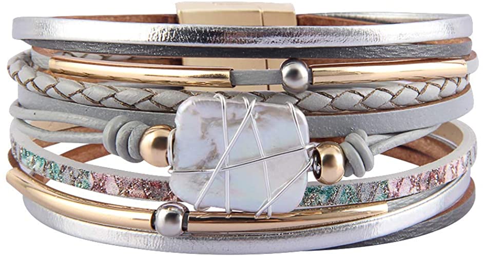GelConnie Baroque Pearl Leather Cuff Bracelet Multi Strand Wrap Bracelets Magnetic Bohemian Bracelet for Women, Wife, Sister