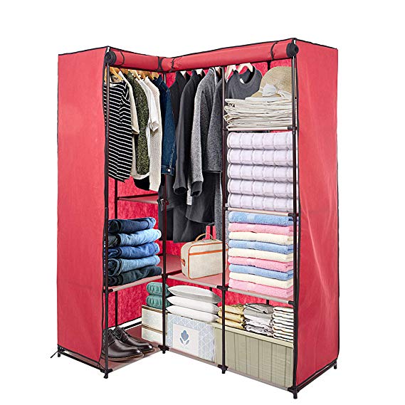 Dporticus Portable Corner Clothes Closet Wardrobe Storage Organizer with Metal Shelves and Dustproof Non-Woven Fabric Cover in Red