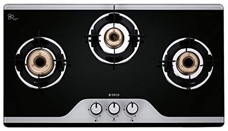 Elica Slimmest 3 Burner Auto Ignition Gas Stove with Double Drip Tray and Forged Brass Burners (773 CT VETRO (TKN CROWN DT AI))