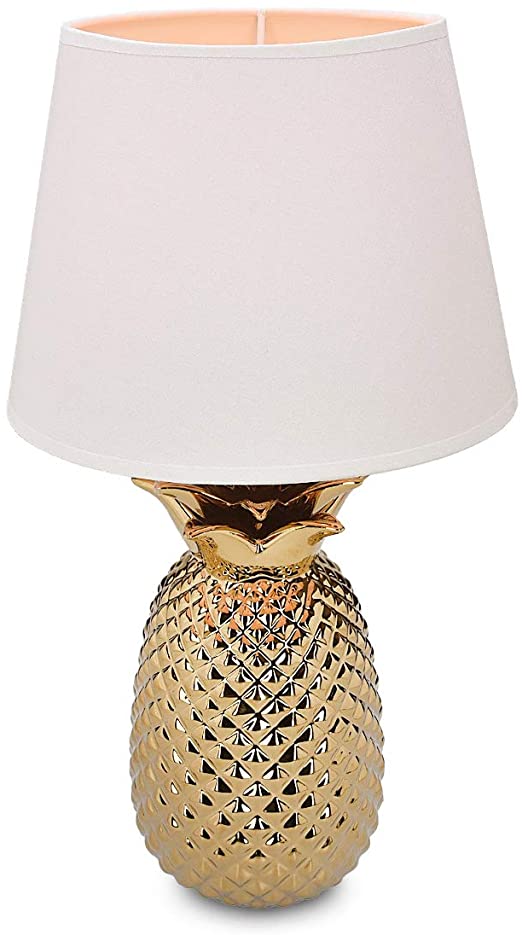 Navaris Gold Pineapple Table Lamp - Mini Lamp 13.8" Tall Light with Ceramic Base for Tables - with E12 Candelabra Bulb Socket - Small, White Shade