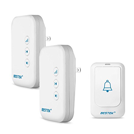 BESTEK Wireless Doorbell with 1 Remote Button and 2 Plugin Receivers Operating at over 500-feet Range with 36 Chimes, White