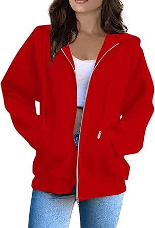 Fashion Hoodies,Vintage Zipper Oversized Loose Fit Hoodies Women Long Sleeve Solid Jackets Soft Outdoor Sweatshirt