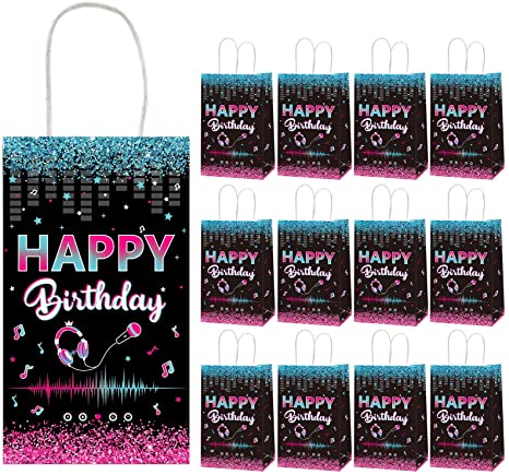 12 Pieces Music Party Gift Treat Bag Music Birthday Candy Goodie Favor Bags with Handle,Music Party Decorations Favors Supplies