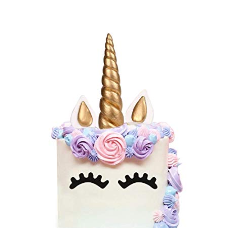LUTER Bigger Size Handmade Unicorn Birthday Cake Topper, Gold Unicorn Horn, Ears and Eyelash Set, Unicorn Party Decoration for Birthday Party, Baby Shower and Wedding (Set of 5, 7.9 x 1.37in)