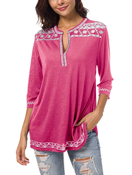 Urban CoCo Women's 3/4 Sleeve Boho Shirts Embroidered Peasant Top