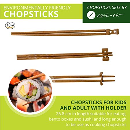 Zone – 365 Natural Rice Husk Chopsticks with Holder, 9 Inches Japanese Style, Reusable, 10 Sets, Tan