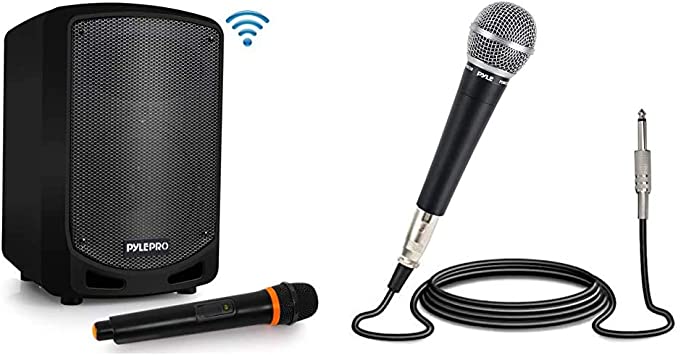 Pyle Bluetooth Karaoke PA Speaker & Professional Moving Coil Dynamic Cardioid Unidirectional Vocal Handheld Microphone Includes 15ft XLR Cable to 1/4'' Audio Connection