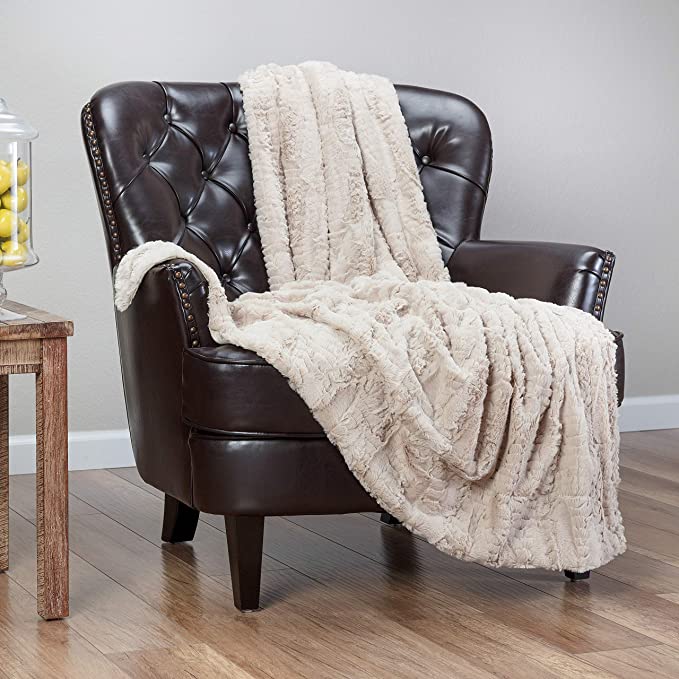 Chanasya Fuzzy Faux Feather Fur Throw Blanket - Reversible Soft Elegant Ruffle Front and Micro Mink Back Chick Blanket for Bed Couch Room (50x65 Inches) Tan Beige