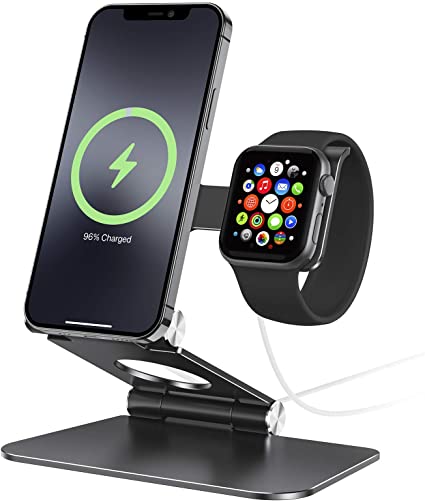 apiker Charger Stand for Magsafe 2-in-1 Foldable Adjustable Aluminum Desktop Phone Stand Holder Applied to iPhone 13/12 Pro/Min/Pro Max, Apple Watch 7/6/5/4/3/2/1 (Magsafe Charger Not Included), Black