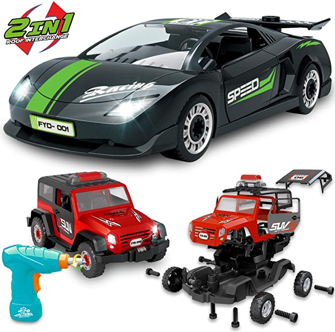 KKONES Take Apart Racing Car(2 in 1) with Toy Drill Tool, Assemble Car Construction Vehicle Toy, DIY Assembly Car Toy with Realistic Lights & Sounds for Boys and Girls Age 2 3 4 5 6