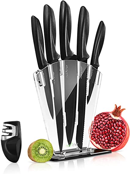 7 Piece Kitchen Knife Set - Stainless Steel Kitchen Precision Knives Set w/ 5 Knives & Bonus Sharpener, Acrylic Block Stand - Cutting Slicing, Chopping, Dicing - NutriChef NCKNS7X