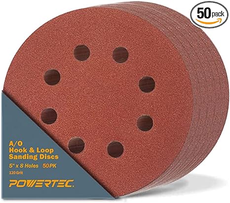 POWERTEC 45012-P2 5 Inch 8 Hole Hook and Loop Sanding Discs, 120 Grit, 50 PK, Sandpaper for Random Orbital Sanders